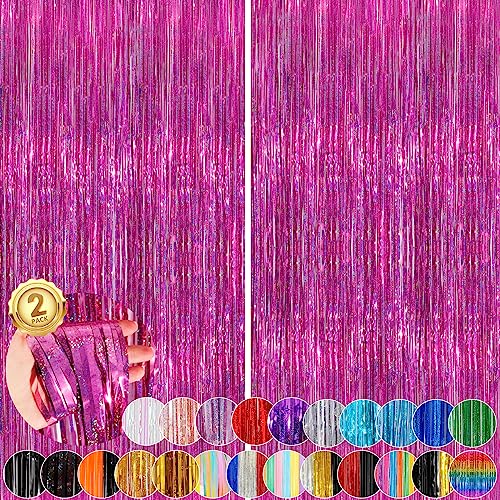 Image of Rose Pink Party Streamers 2 Pack Glitter Foil Fringe Curtain 3.3 x 8.3ft Pink Party Decor Photo Booth Streamers Metallic Tinsel Door Streamer for Christmas Baby Shower Halloween Decorations