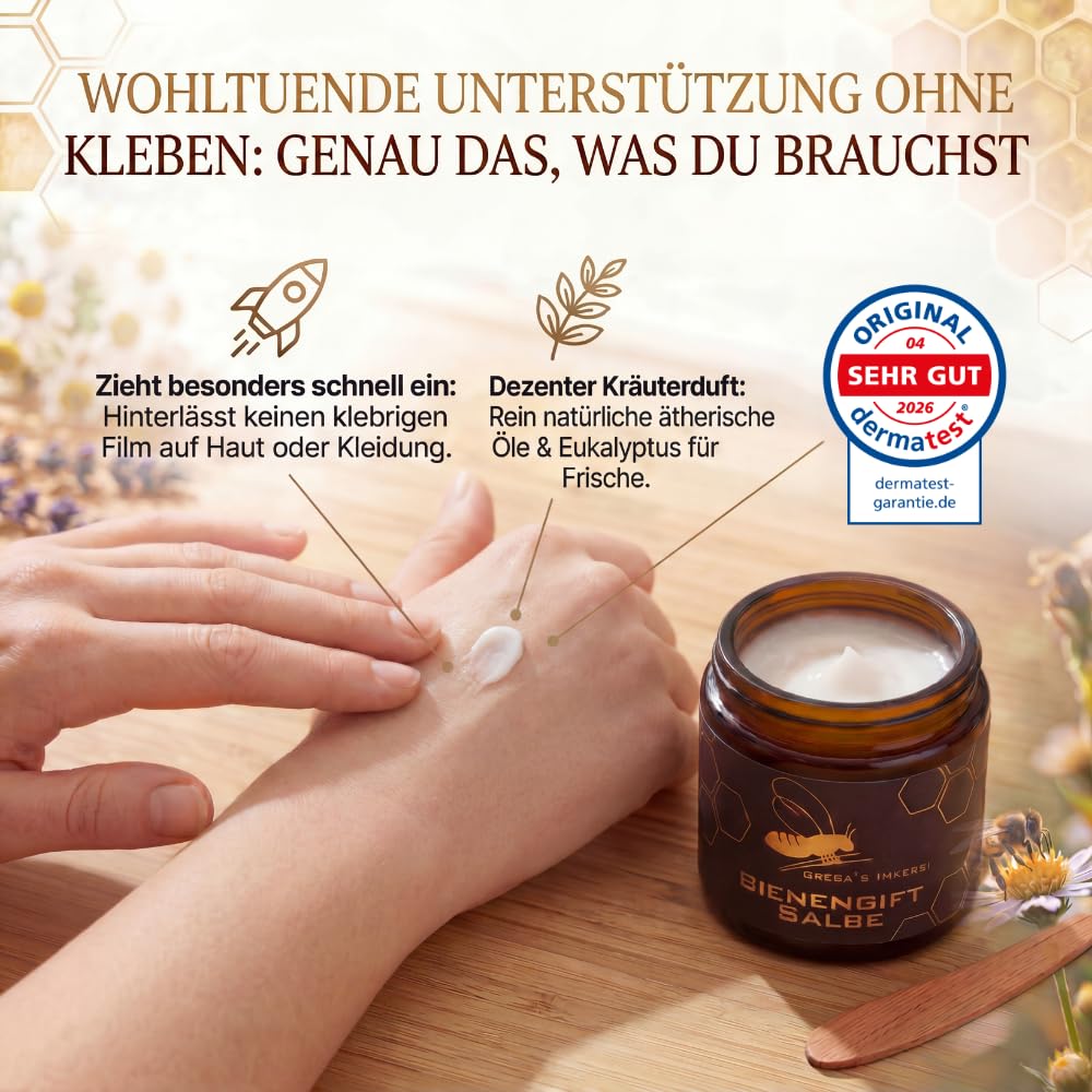 Gregas Bienengiftsalbe 100 ml stark konzentriert mit „Sehr gut" im Derma Test. Sanfte Entspannung für beanspruchte Muskeln & Gelenke - je Dose ca. 330 Bienenstiche (1x 100 ml (1er Pack)