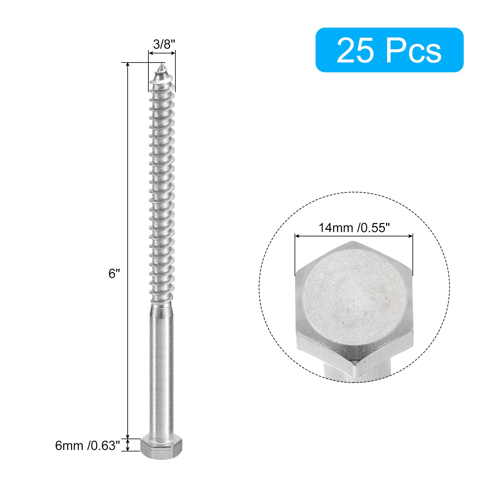 QUARKZMAN 25Pcs Vis Hex Tête Vis à Bois 3/8" x 6" 304 Acier Inoxydable
