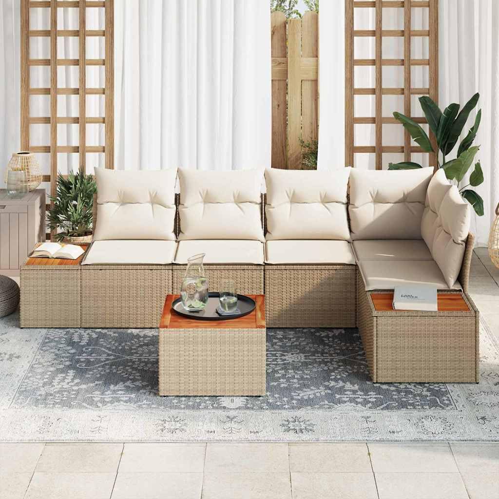 Juego de sofás de jardín de 6 piezas, color beige y crema, 264 x 154 x 85 cm, polirratán, modular, con espacio de almacenamiento, resistente a los rayos UV, para terraza, balcón, jardín