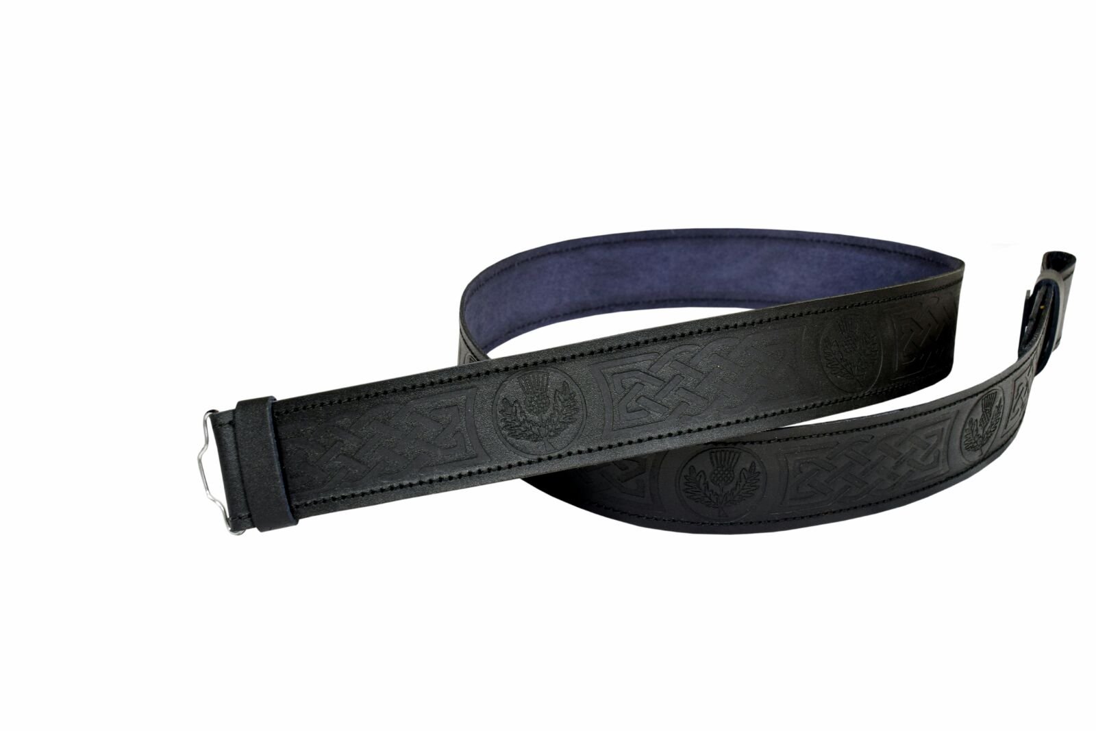 Shyne Kilts U.k Men's Black Leather Kilt Belt Adjustable Size For Kilts Highland Thistle Embossed (L)