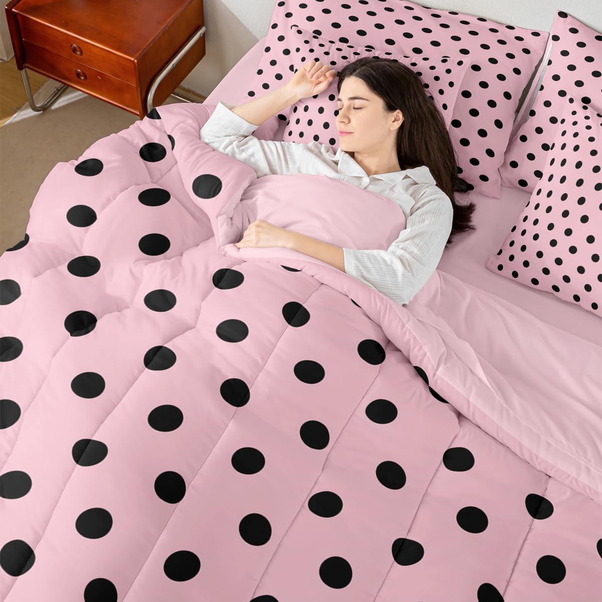 Erosebridal Pink Black Polka Dot Queen Comforter Set for Women Girl Teens | Black Spotty Patterned Bed in a Bag Simple Modern 7-Piece Bedding Set Geometric Abstract Quilt Duvet Sets
