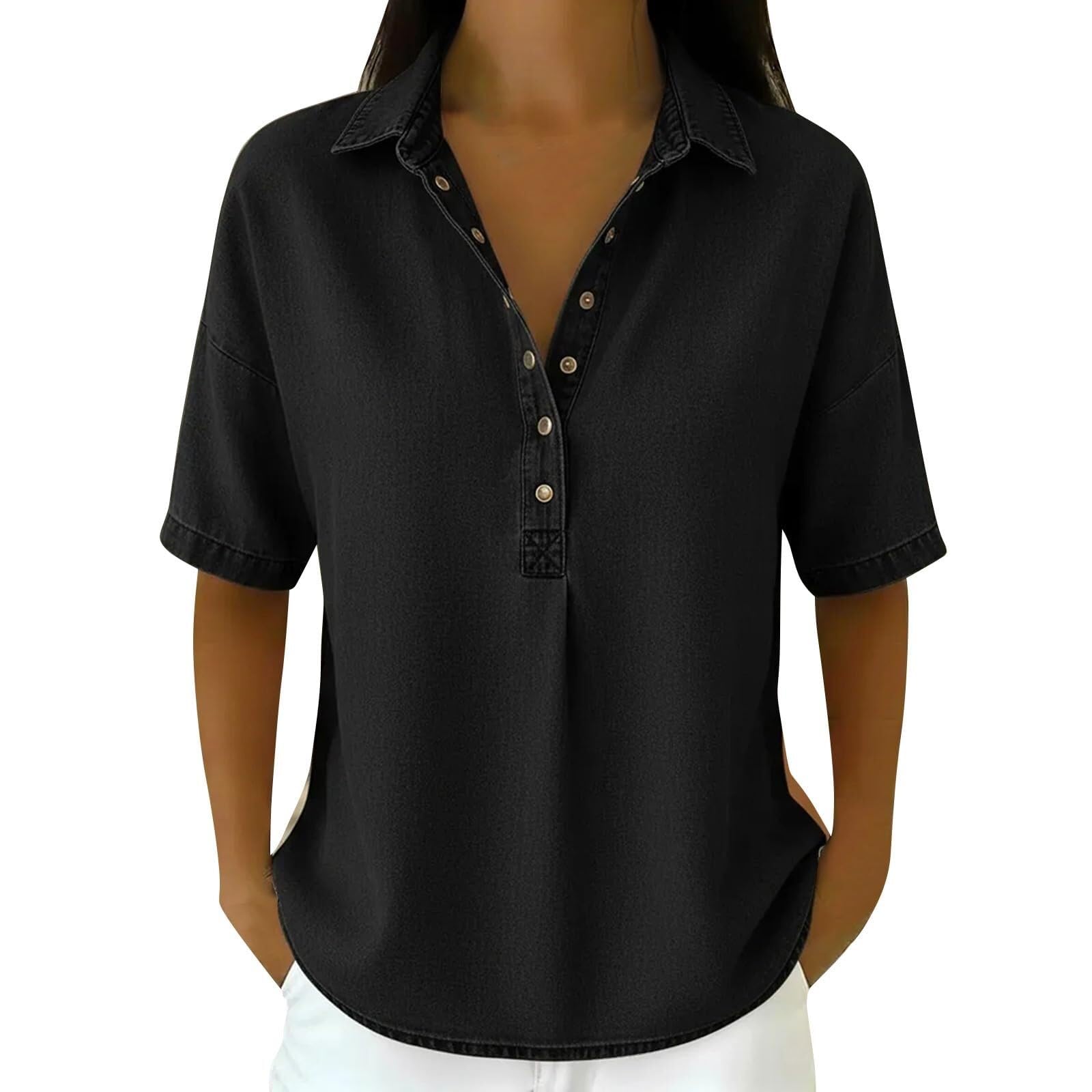 Blusa vaquera para mujer, estilo retro, cuello en V, manga corta, vaquera, holgada, de verano