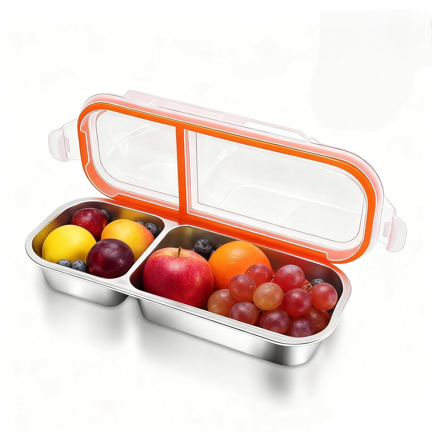 Reusable Stainless Steel Snack Containers with Lids, Double/2 Compartment Stainless Steel Snackle Box Container for Adults, Divided Snack Food Storage Containers for School, Travel (2 Compartment)