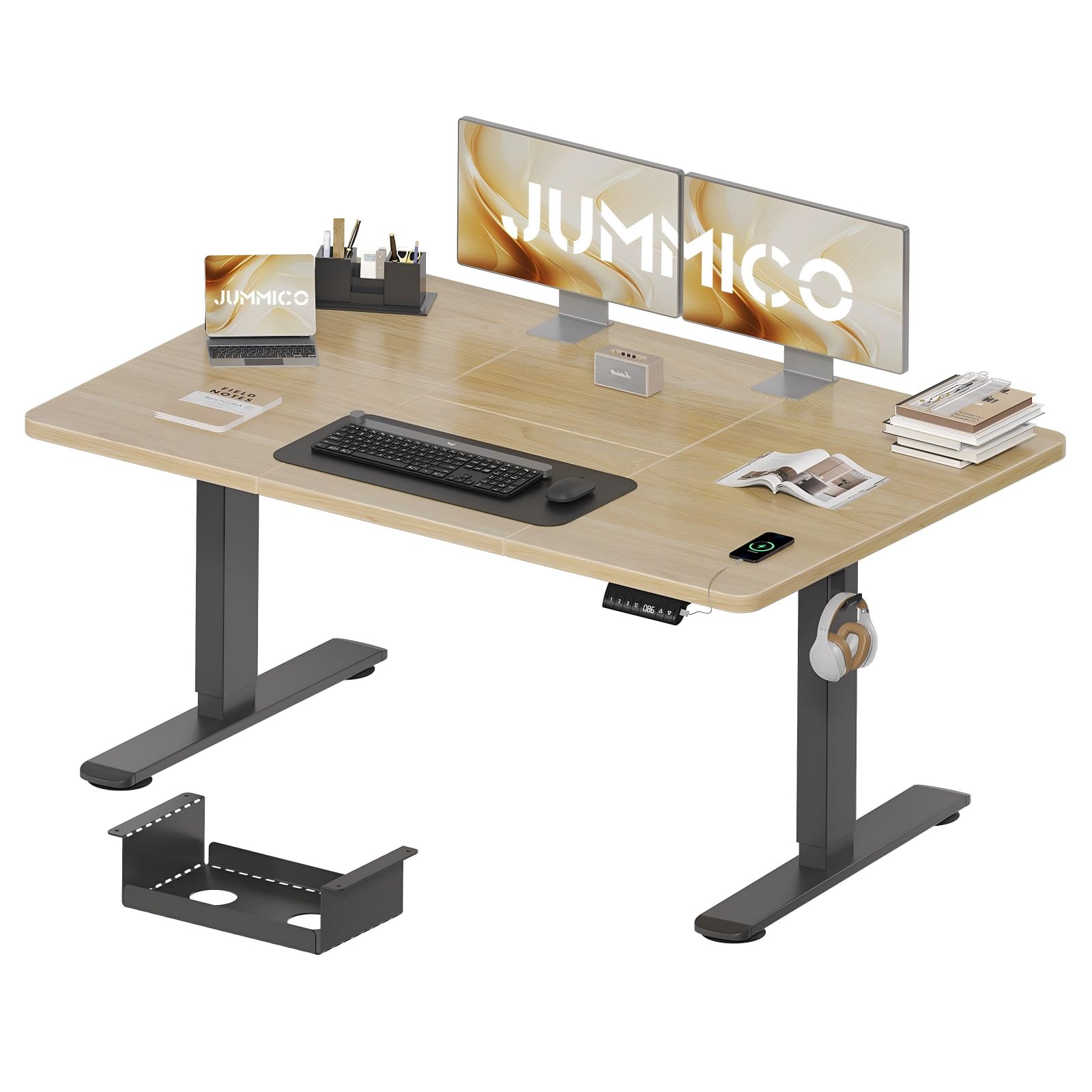 JUMMICO Höhenverstellbarer Schreibtisch 140 x 70 cm mit Kabelwanne, Höhenverstellbar Elektrisch Stehpult mit USB-Buchse, Computertisch, Ergonomischer Steh-Sitz Tisch, Bürotisch, Beige