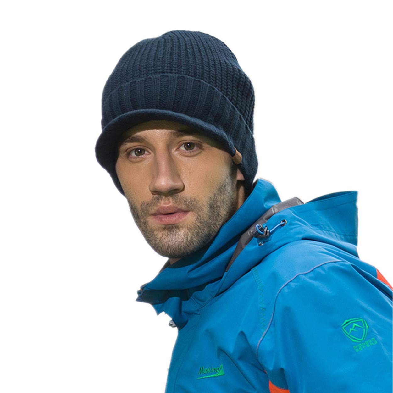 MagracyMen's Winter Knit Visor Hat Outdoor Thick Peaked Beanie Hat, Navy Blue, One Size