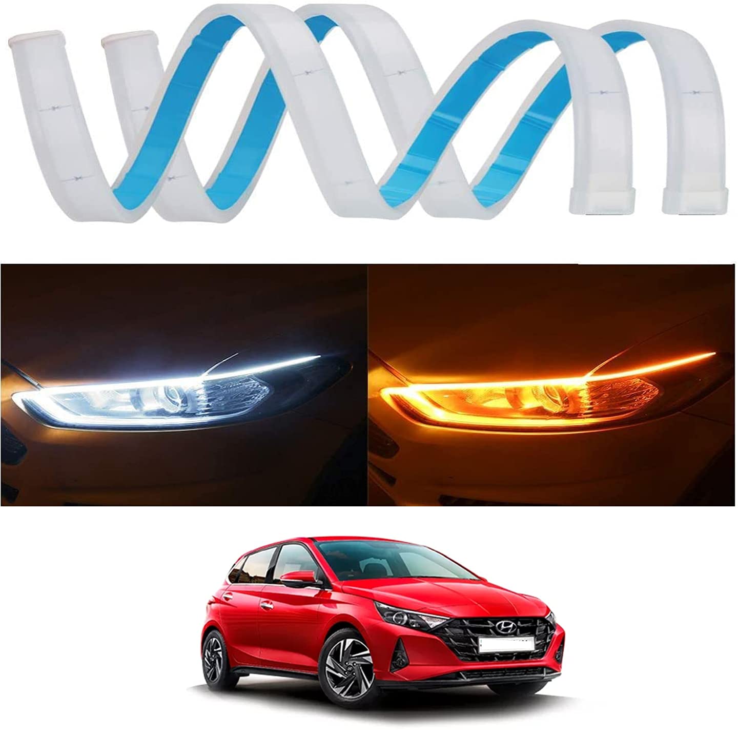 MATIES White & Amber Flow LED Sequential Daytime Running Lights Stick-on Above Headlamp Car Fancy Lights for i20 Elite Universal for All Models