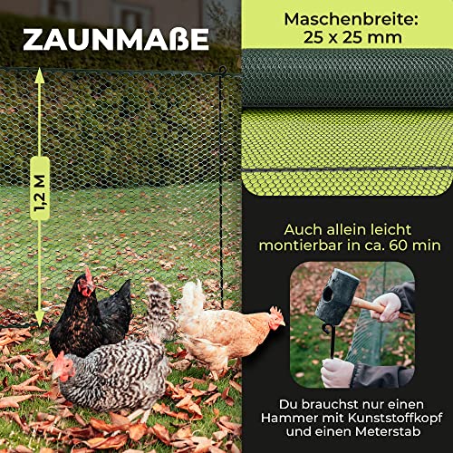 SELFmania Hühnerzaun 25m lang 120cm hoch GRÜN [TESTSIEGER] inkl. 21x Stäbe & 25x Erdanker | ENGMASCHIG STABIL UV-SCHUTZ | Freilaufgehege Hühner | Weidezaun, Kleintiere, Geflügelzaun, Hundezaun