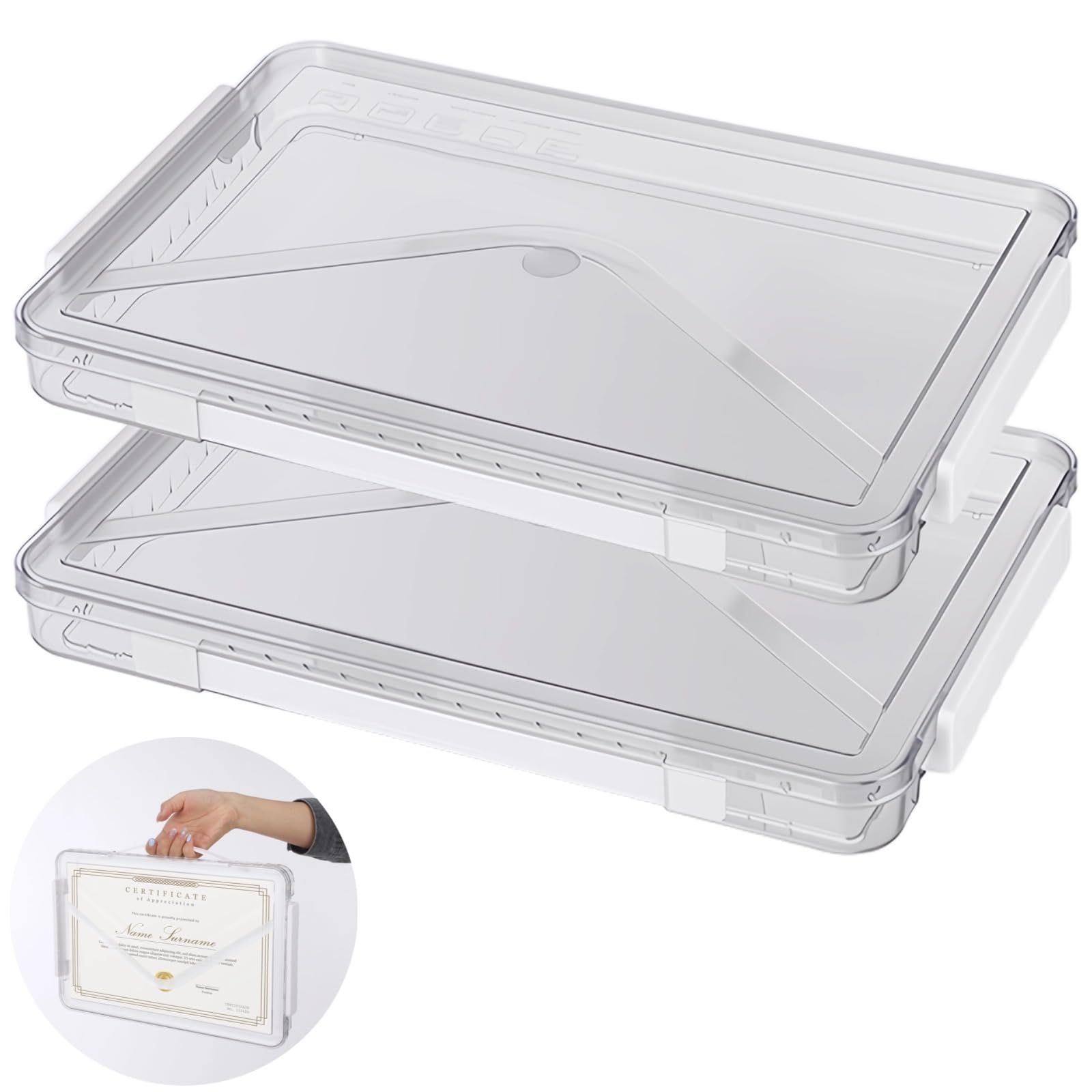 2 Pcs Clear Certificate Storage Box Set, Portable Project Case Organizer, Stackable A4 File Boxes with Lids, PET Document Holder with Clasp Design, Ideal for Storing Paper, Magazines, Stamps & Photos