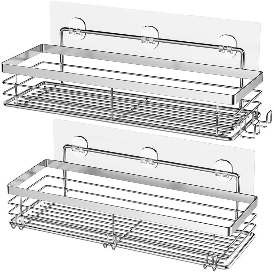 Orimade Bathroom Rack Strong Adhesive Fixation for Bathroom Wall Stainless Steel Shower Rack Bathroom Washroom Storage Wall Shelf 2-Tier