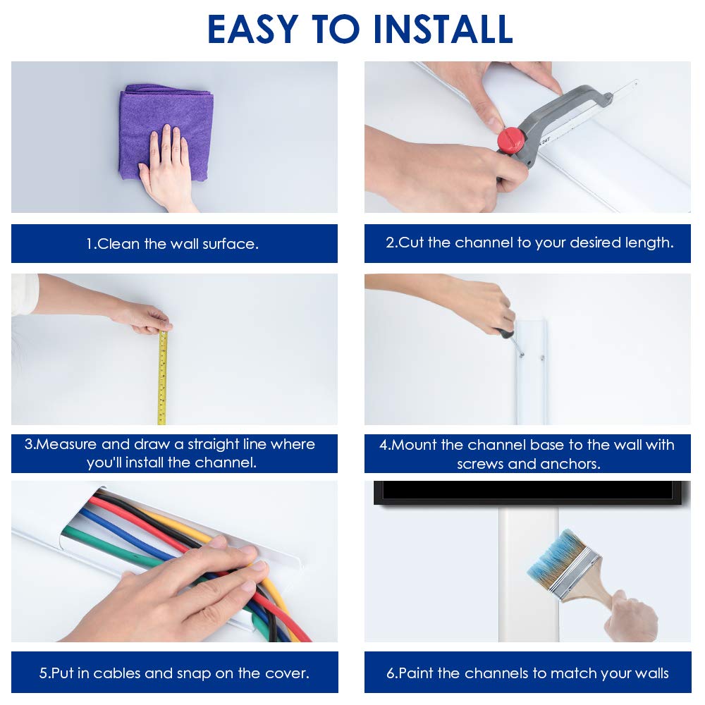 Cord Cover Kit, 62.8” Cord Hider, White Cable Raceway Cable Management