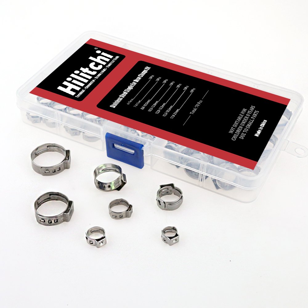 70Pcs Single Ear Stepless Hose Clamps Stainless Steel Cinch Clamp Rings Hose Clamps Kit for Tubing Pipes with Storage Box