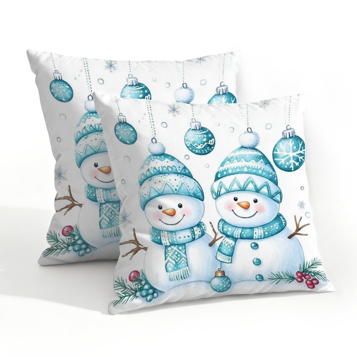 Outdoor Pillow Covers Waterproof Pillowcases 20x20IN Set of 2 Cute Winter Snowman Snowflakes Decorative Throw Cushion Case for Couch Sofa Garden Patio Furniture
