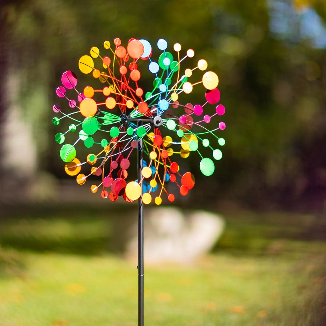 Windspiel Metall Multi-Colored Kaleidoscope Duett, Ø39 x H122 cm (inkl. Bodenanker), mit Zwei Rotoren für die 3D-Optik, hochwertig Bunte magische Windspiele für den Garten draußen stehend