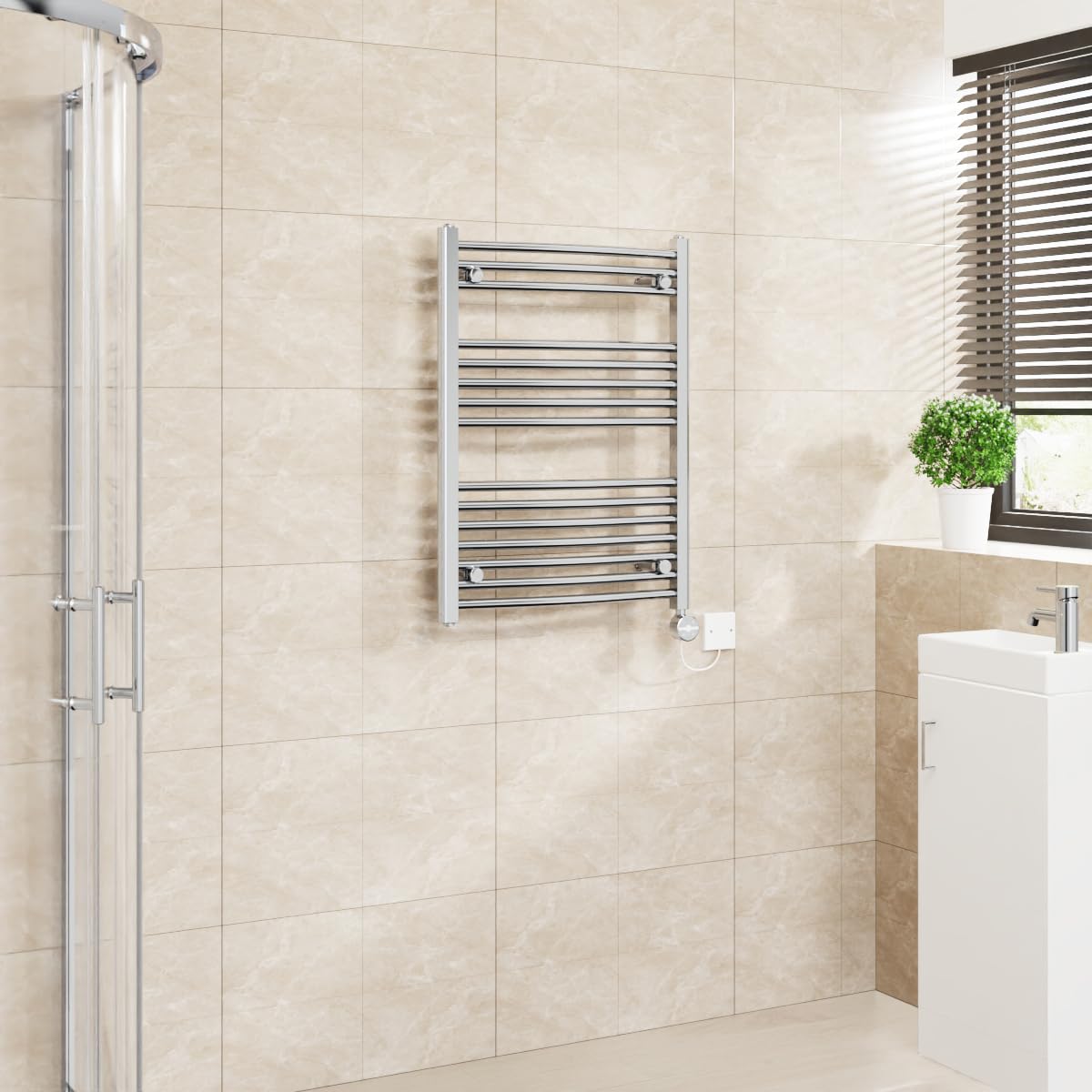 Warmehaus Touch Screen Electric Towel Rail Curved Timer Chrome 800x600mm