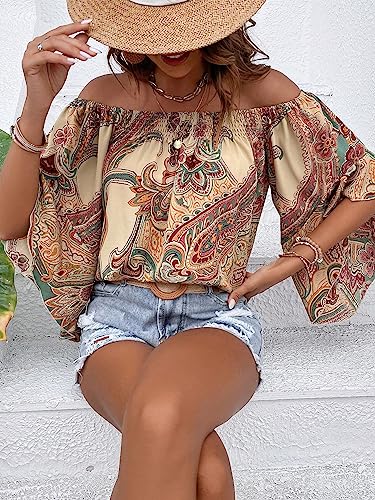Floerns Women's Off Shoulder Flounce Sleeve Boho Printed Summer Blouse Top4