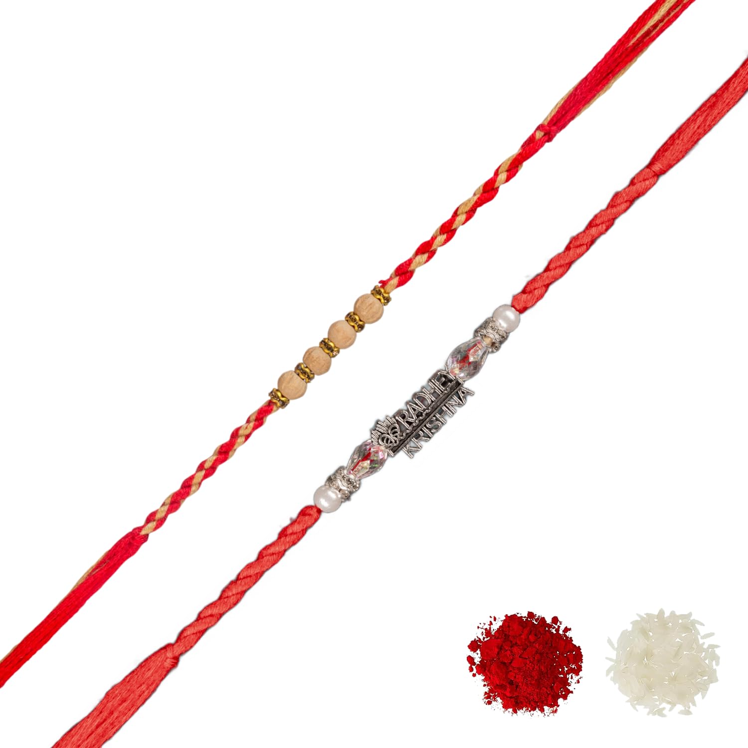 Rakhi dla brata, Rakhi, zestaw 2 szt., kartka z życzeniami Rakhi, Roli Tikka, indyjskie rakhi na festiwal Raksha Bandhan | CM08P19, Free, Perła, Bez kamieni szlachetnych
