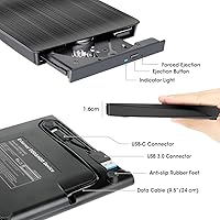 Vista 5 de ROOFULL Unidad Externa de CD/DVD para Portátil, USB 3.0 y USB-C, Reproductor/Lector/Grabador/Quemador Portátil de CD/DVD-RW, Unidad de Disco Óptico