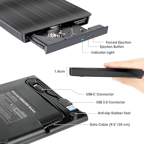 Miniatura 6 de ROOFULL Unidad externa de CD DVD USB 3.0 y USB-C con estuche de transporte, portátil USB ROM +/-RW unidad de disco óptico reproductor quemador
