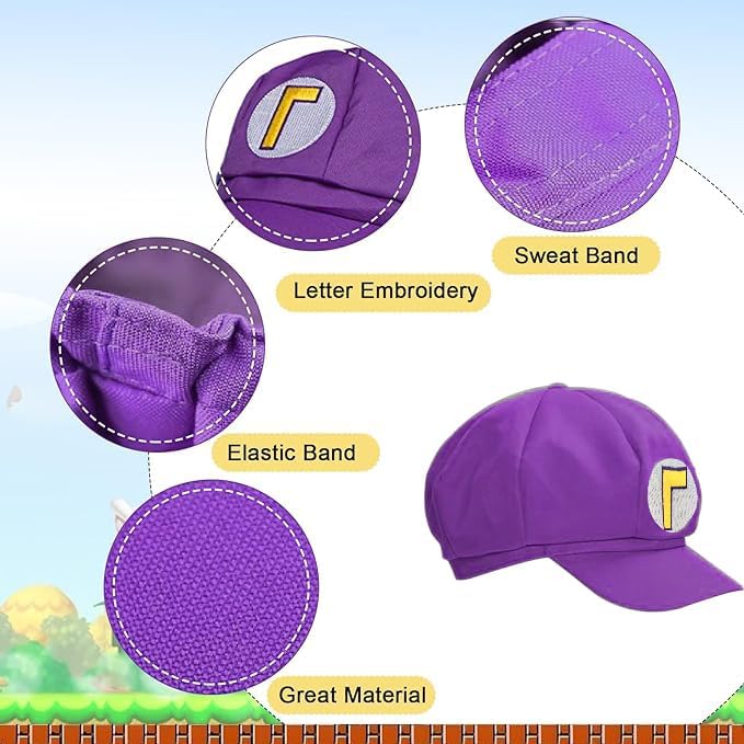 Miniatura 3 de Disfraz de cosplay de Halloween incluye sombrero amarillo unisex para adultos y niños, gorra morada, bigote, guantes, botones, tirantes accesorios