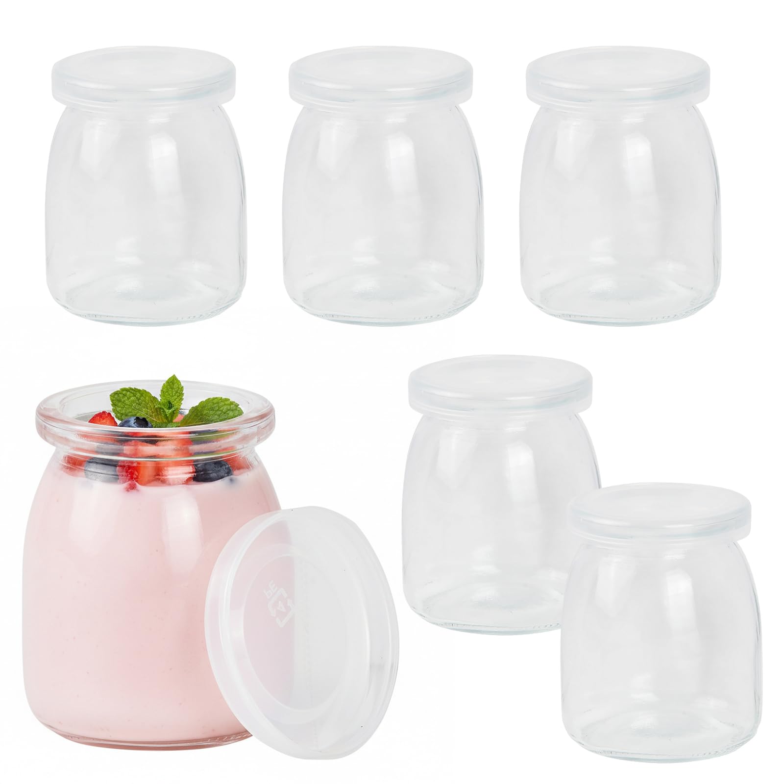 6 przezroczystych słoików do jogurtu z pokrywką, 200 ml, przezroczyste szklanki deserowe, wielokrotnego użytku, na jogurt, na desery, galaretki, miód, tiramisu, musli, musli