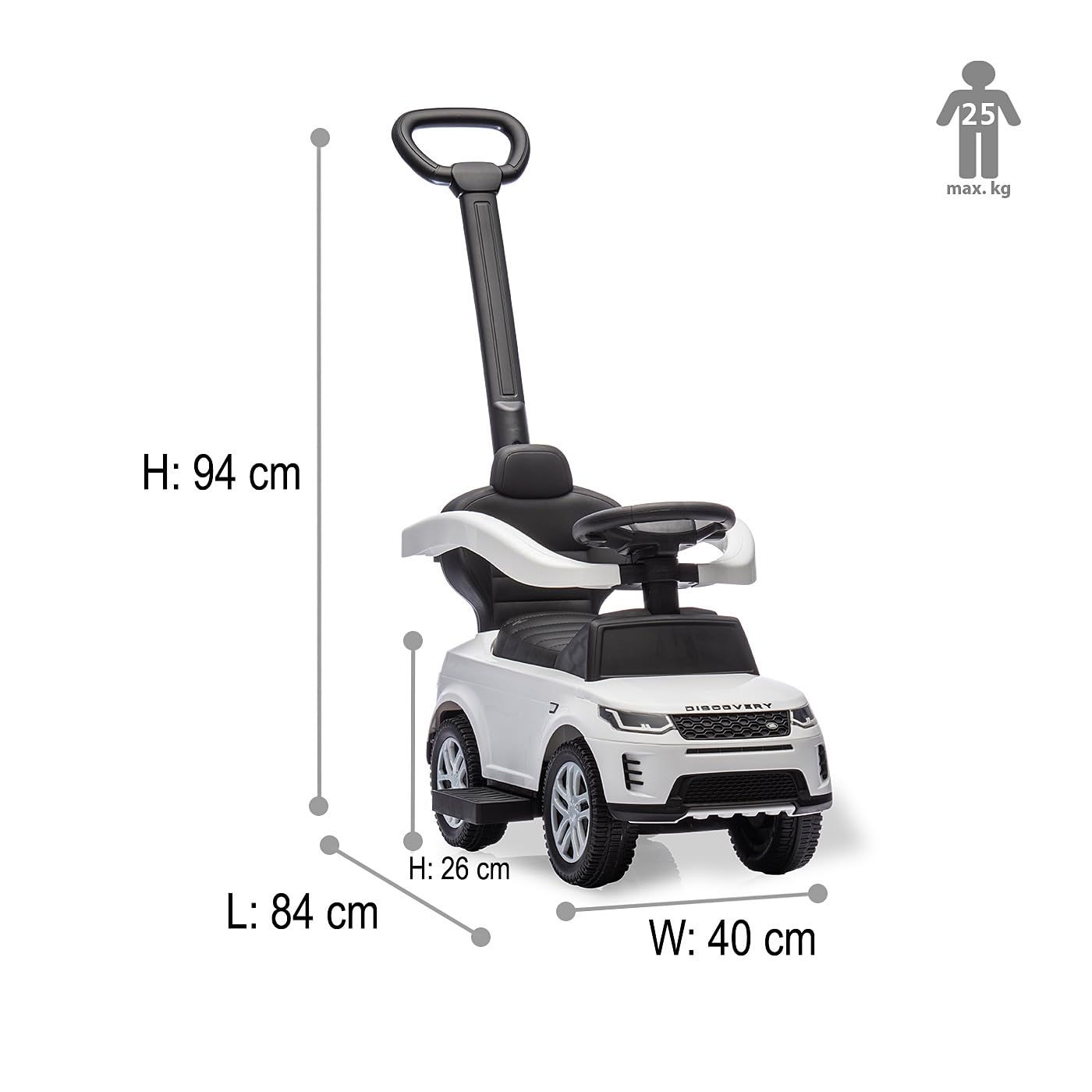 JAMARA 464058 Rutscher Land Rover Discovery 3in1, Rutschauto mit Schubstange, Kinder Fahrzeug Car, Spielzeug Rutscher, Geschenkidee für Kinder, Kippschutz, Schub- und Haltestange