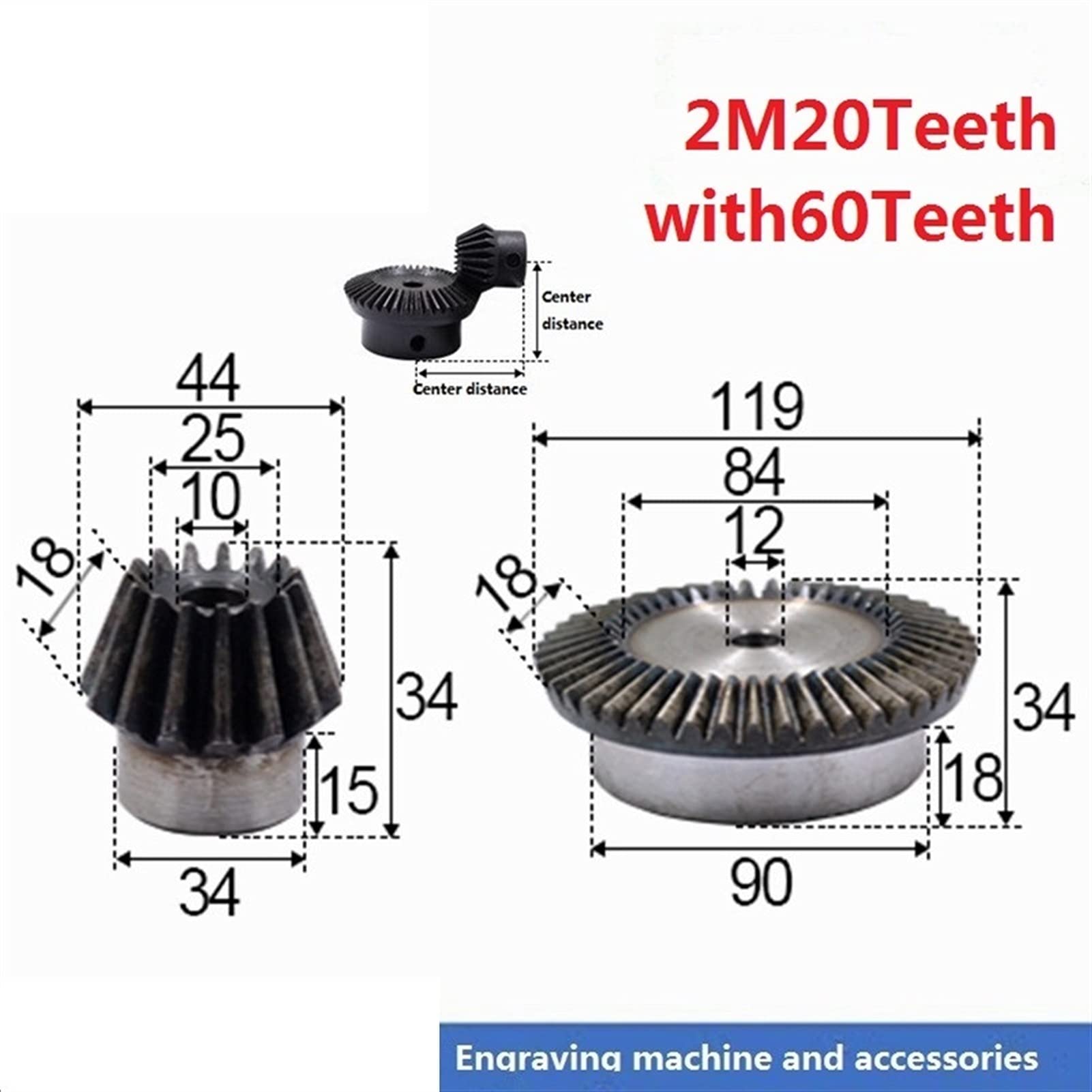 1: 3 Engrenage biseau 2 Module 20 Dents Hole 10mm + 60 Dents Hole intérieur12mm 90 degrés Transpartition de la Commutation en Acier JIYAMI'EN EL