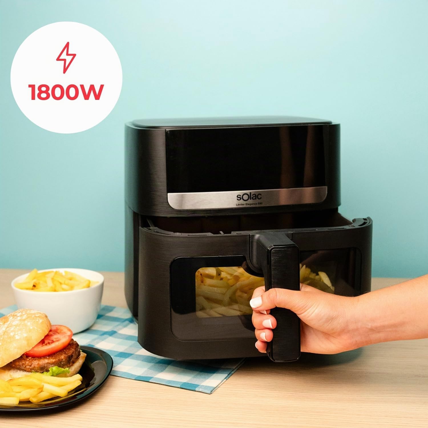 Solac - Air Fryer Leviter Elegance E80 | 1800W 8L | Pantalla Táctil | 8 Programas Automáticos | Temperatura Ajustable y Temporizador | Cocina Rápida | Apta para Lavavajillas | Negro
