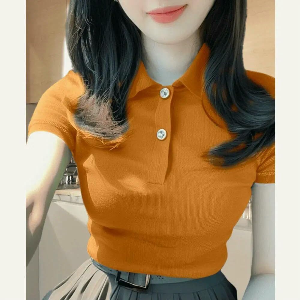 GLDFW Estate Solido Manica Corta Elegante Slim Fit Stile Coreano Colletto Polo Hot Girl Top Donna