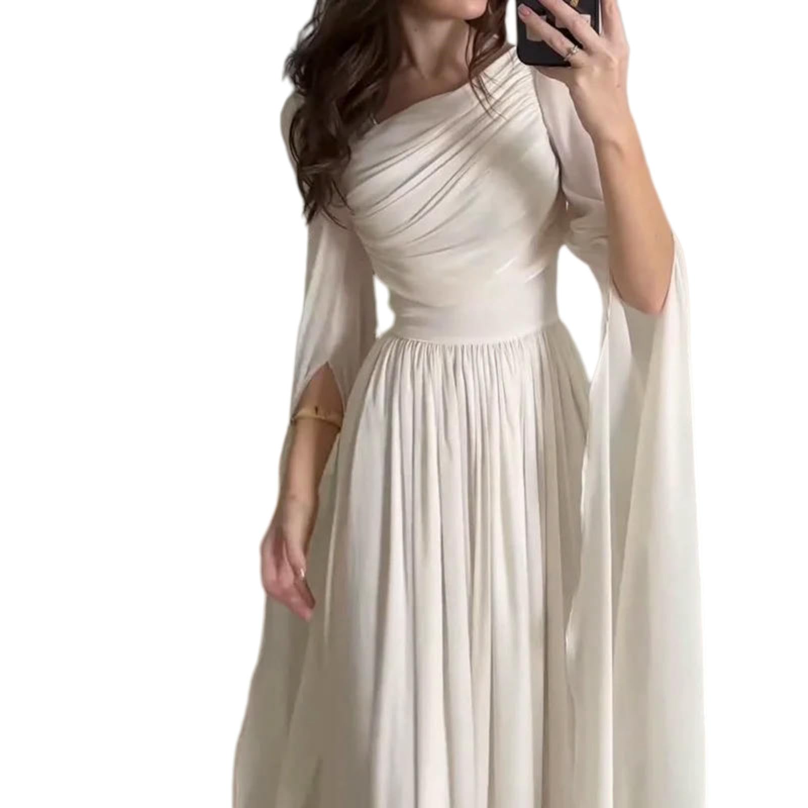 Damenkleid Frauen Eine Schulter Drapiert Maxi Kleid, Lange Ärmel Hohe Taille Schlitz Elegantes Kleid Für Abend Formelle Party-02 Blue-l