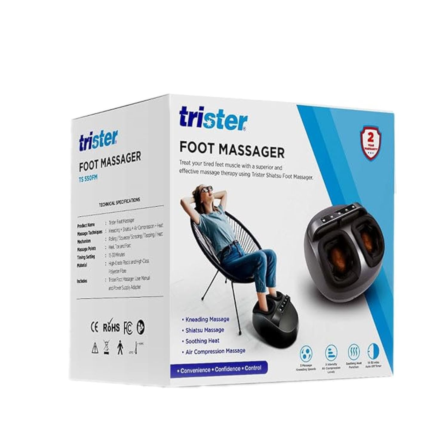 Trister Foot Massager (TS-08700) - Deep Sole Reflexology, Shiatsu Kneading, Air Compression, Soothing Heat, Ergonomic Design, Touch Panel, Fits US Size 12 / EU 46