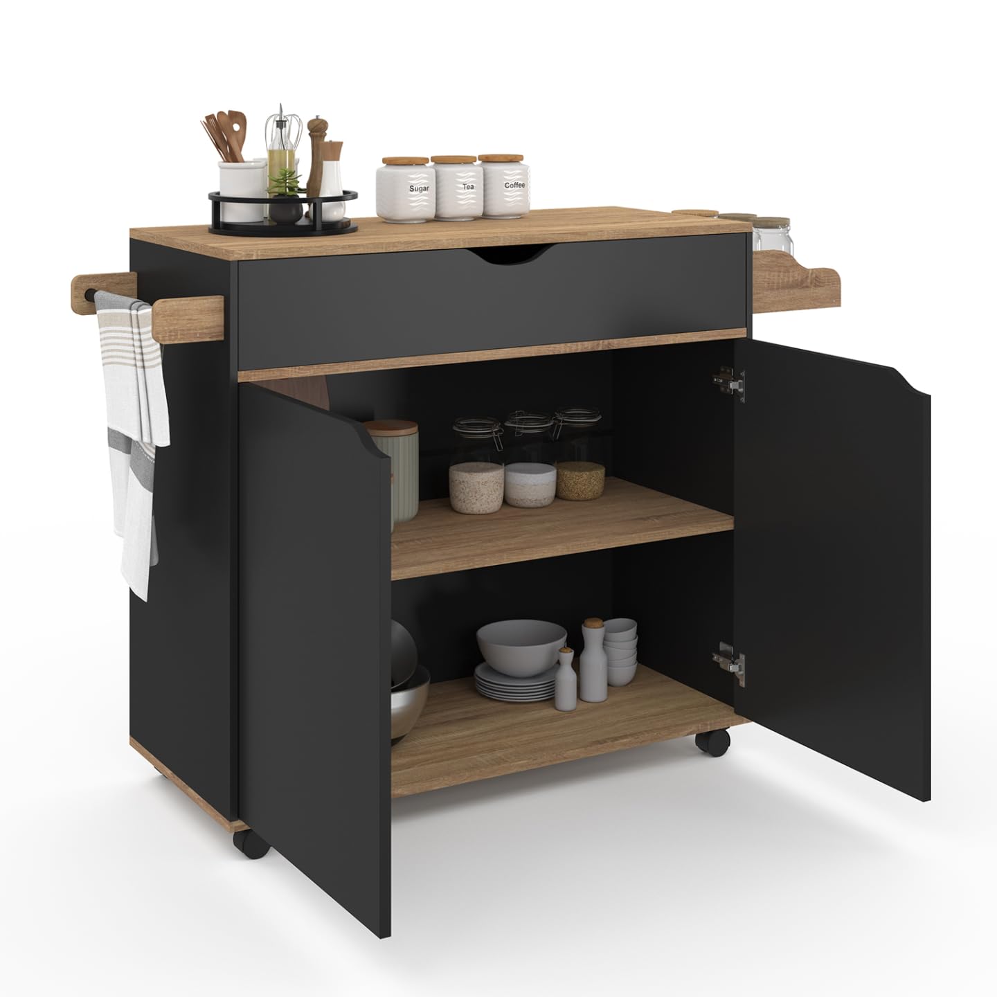 IDMarket - Desserte de cuisine COSY XXL placard avec tiroir noir et plateaux façon hêtre L.90 CM