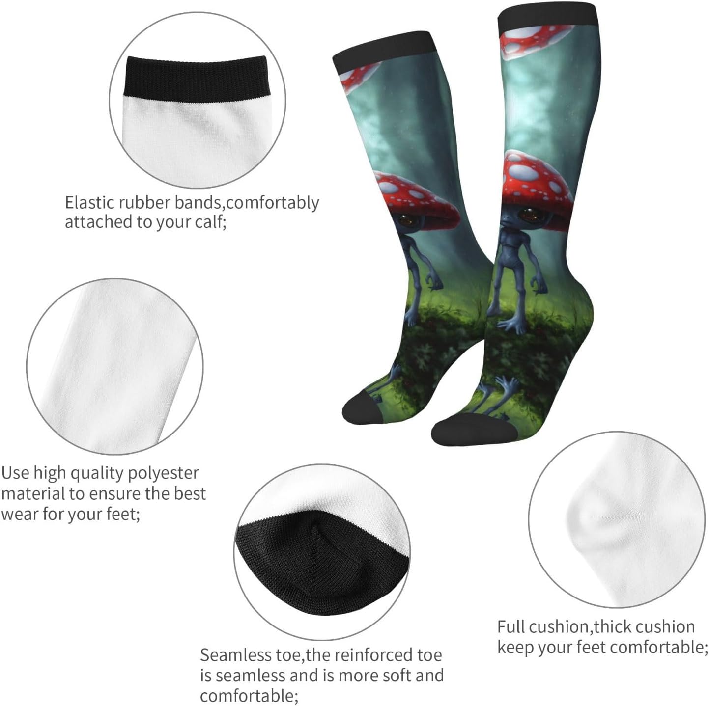 Astronaut And Alien Print Breathable Crew Neck Athletic High Socks,Suitable For Sports,Running,And Travel.