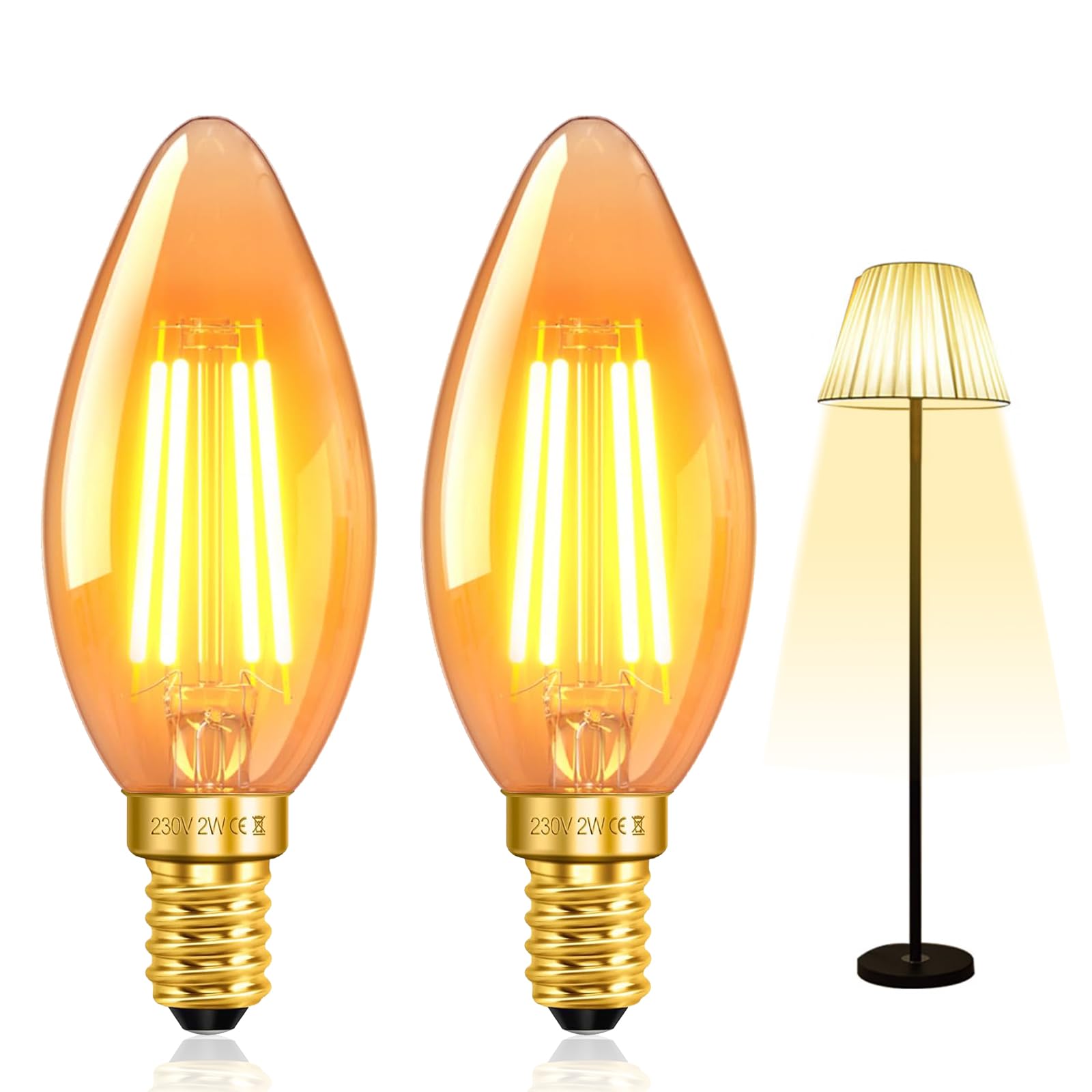 2 Pack E14 LED Light Bulb Warm White, 2W 2200K Candle Bulbs Small Screw, Small Edison Screw Bulb,E14 LED Candle Light Bulb, Vintage SES Candle Filament Bulb, Non Dimmable for Chandeliers, Wall Lamp