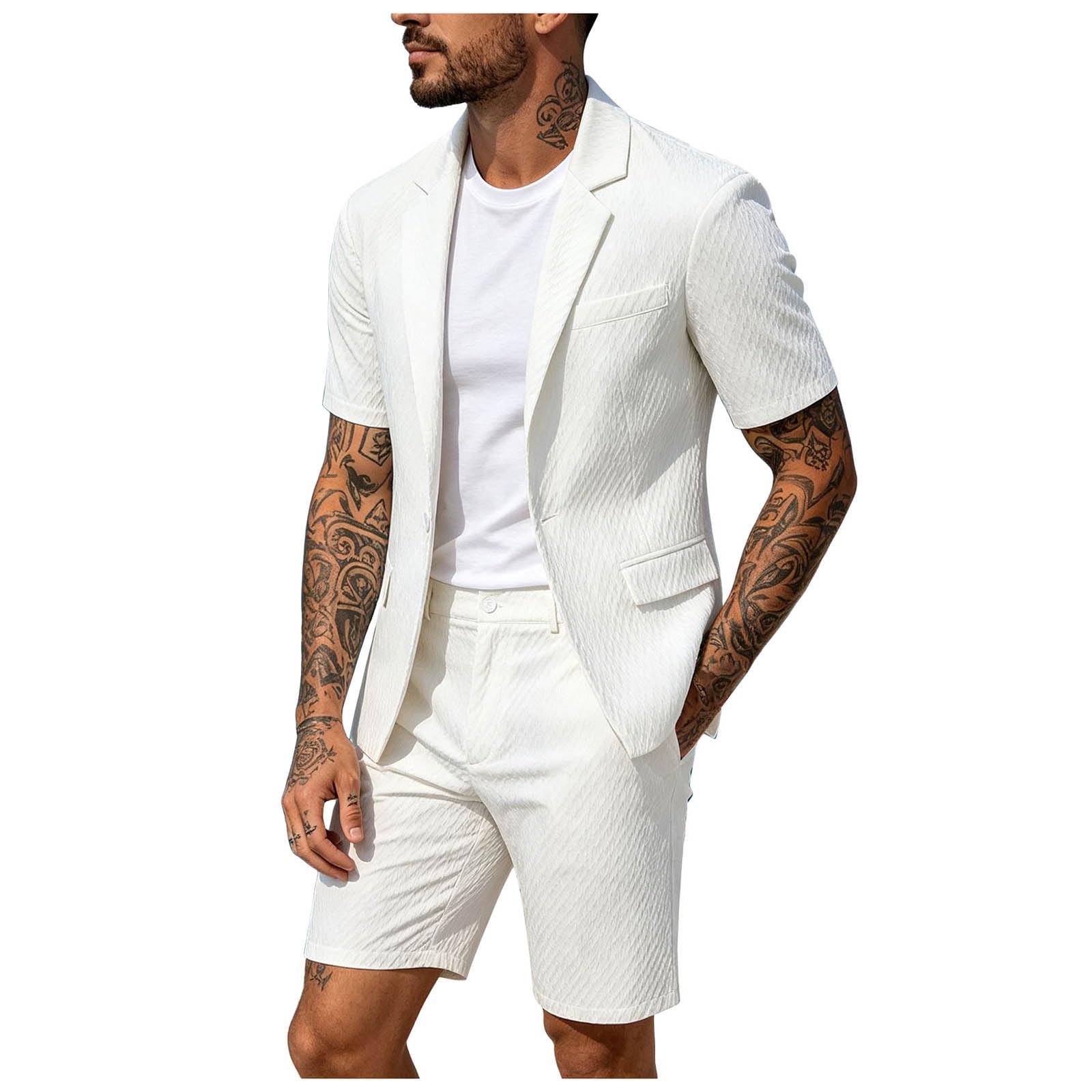 Herren 2 Teiliges Kurzblazer Sommer Jogginganzug Outfit Kurzarm Anzugweste Kurze Hose Casual Männer Atmungsaktiver Trainingsanzug Freizeitanzug Urlaub Strand Wedding Prom Business Holiday Occasion