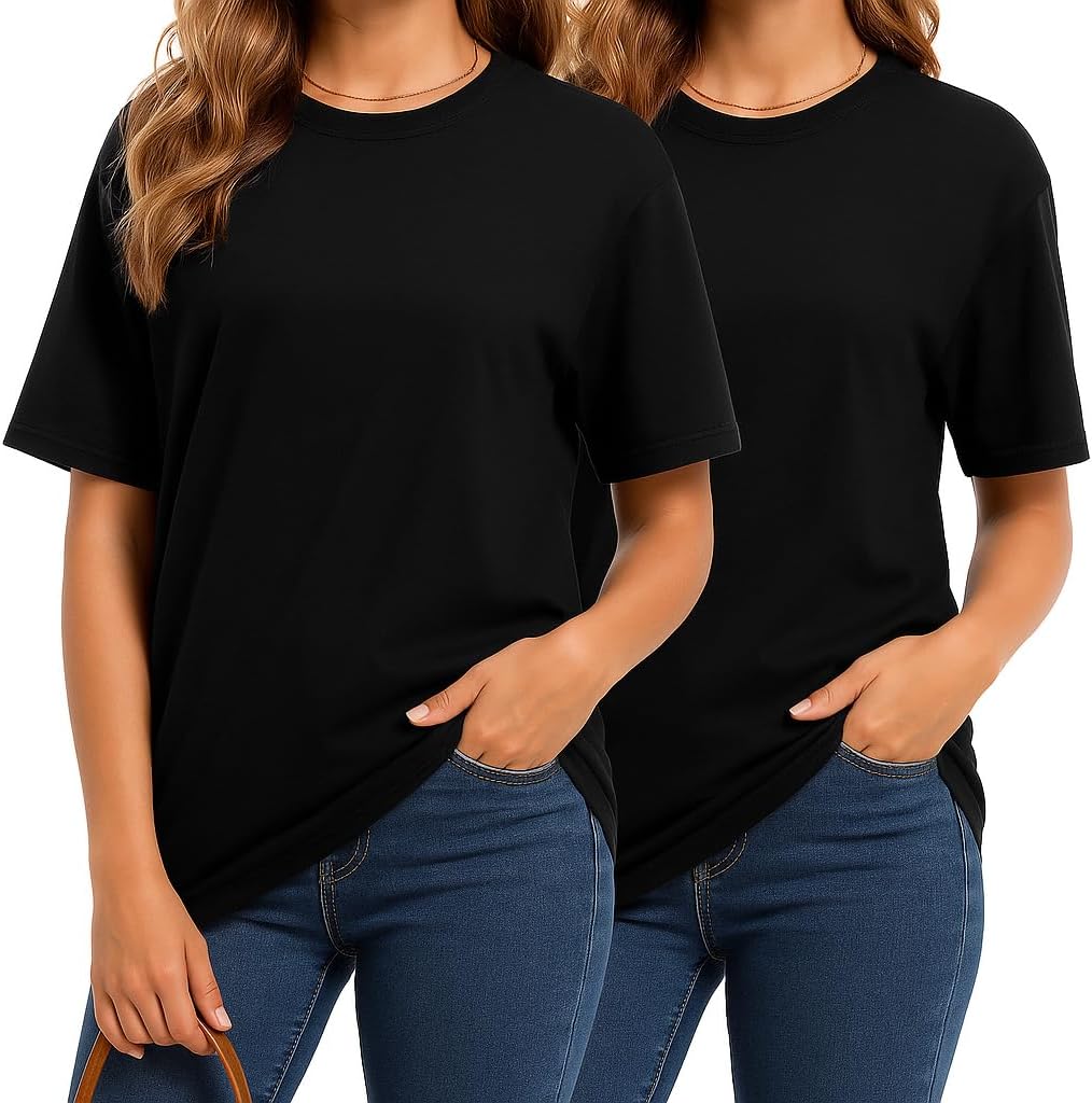 Combed Cotton Summer Tops for Women – Short Sleeve Crewneck T-Shirts, Compact Knit Loose Fit Basic Tees 2 Pack Black White