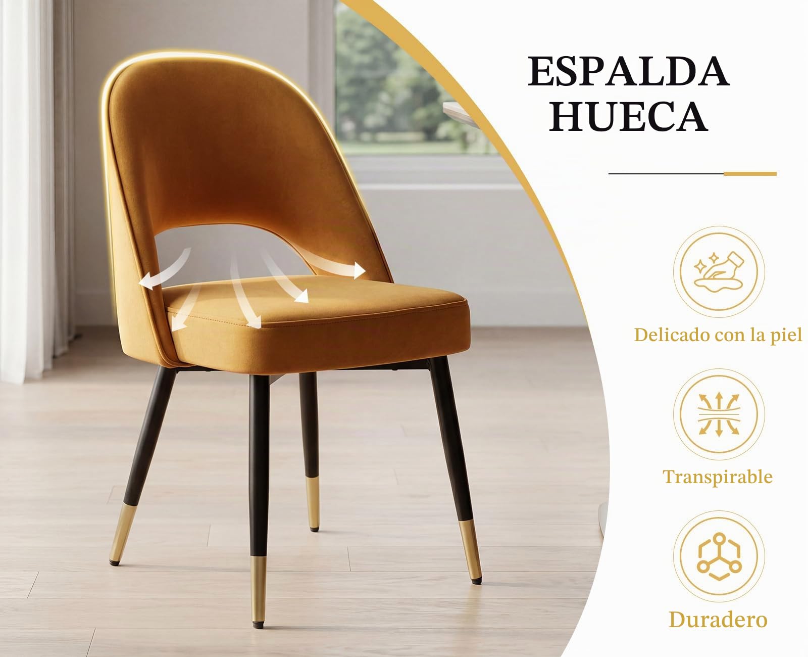 chairus 2PCS Sillas de Comedor Elegante de Terciopelo, Amarillo | Elegante, Respaldo Hueco, Patas Metálicas, Estilo Moderno