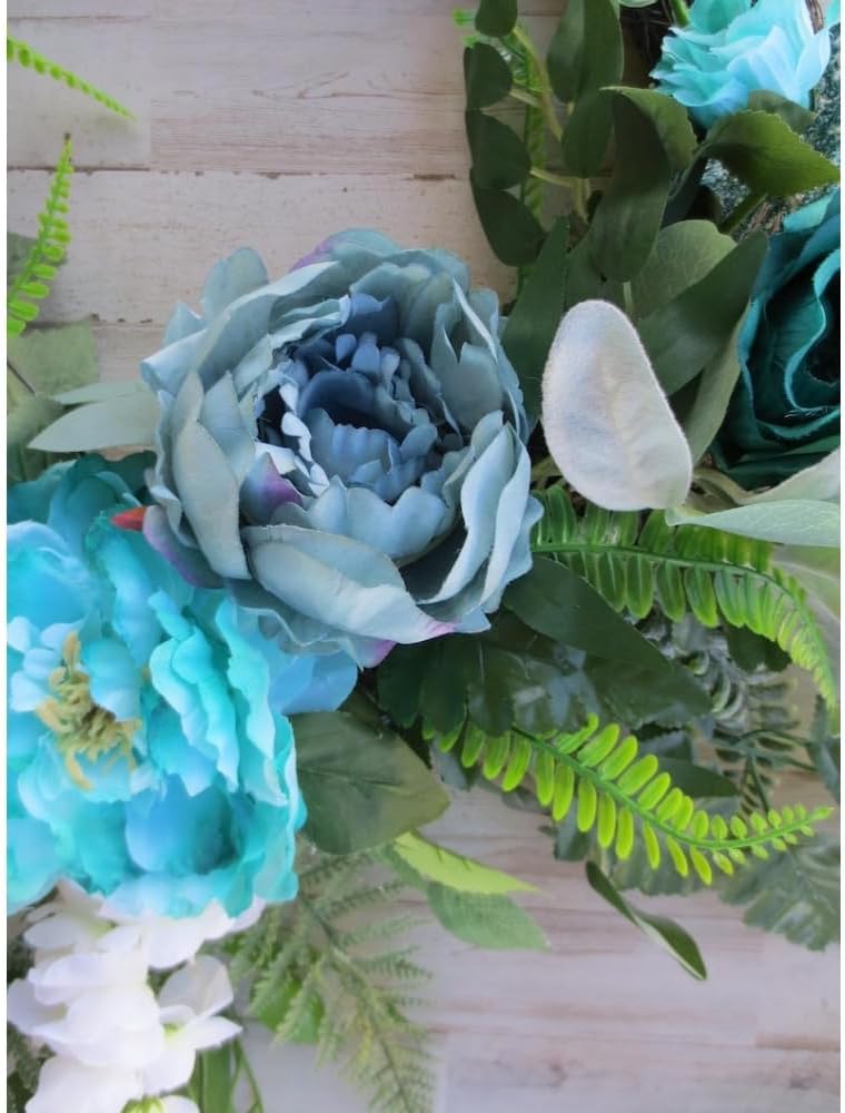 Teal Grapevine Wreath for Front Door, Spring Summer Wreath with Flowing Greenery, White Florals and Dragonfly Accent for Porch Wall Home Decor