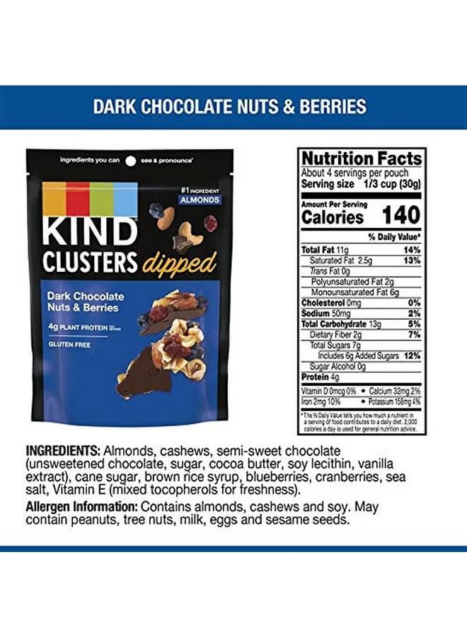 KIND Dipped Chocolate Nut Clusters Pack of 4 – High Protein, Low Sugar, Gluten-Free Snack with Real Nuts & Berries