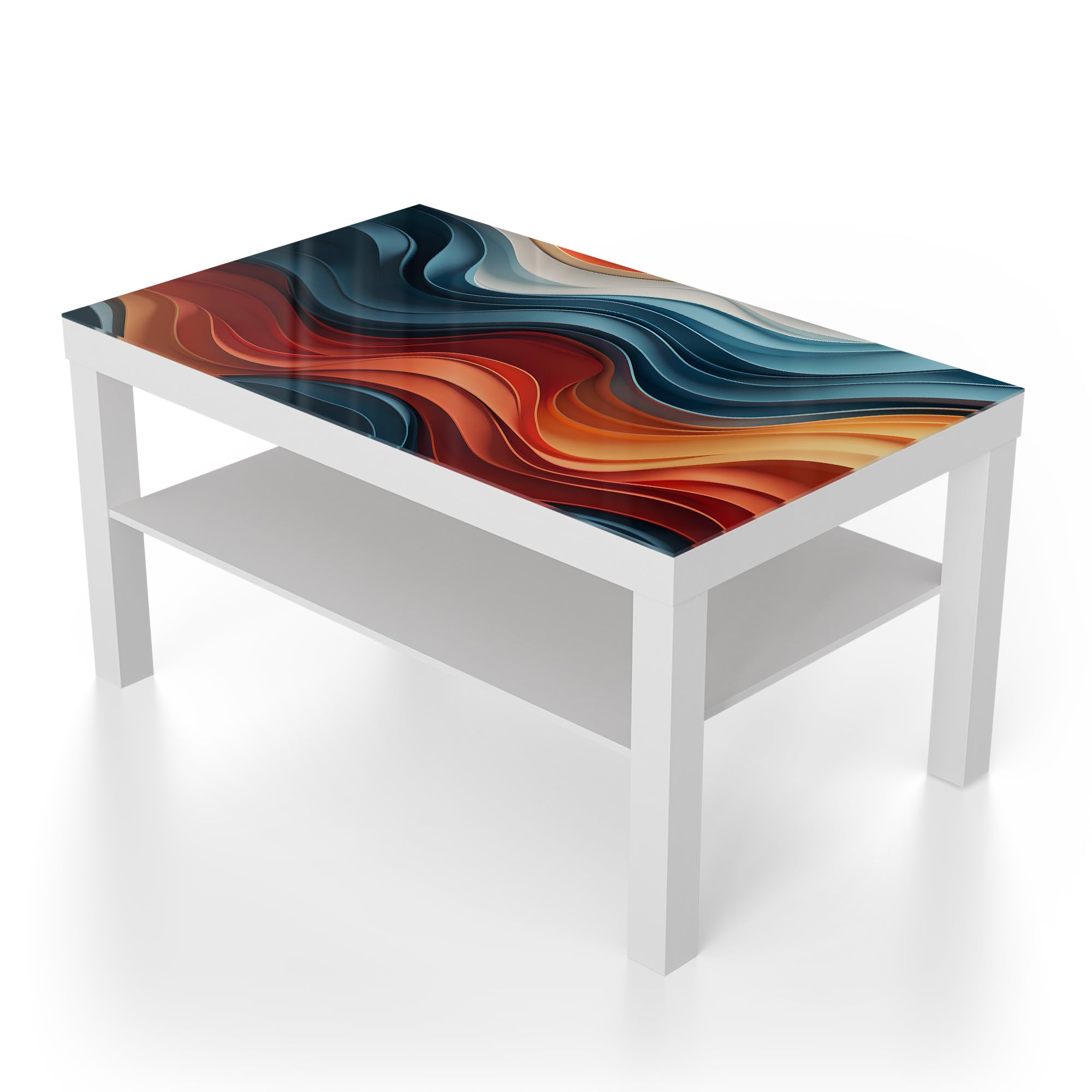 DEQORI Stolik szklany | biały duży 90 x 50 cm | motyw fal dobrego samopoczucia | niezwykły stolik pomocniczy ze szkła | wysoki połysk stolik kawowy do salonu | nowoczesny stolik kawowy z designerskim
