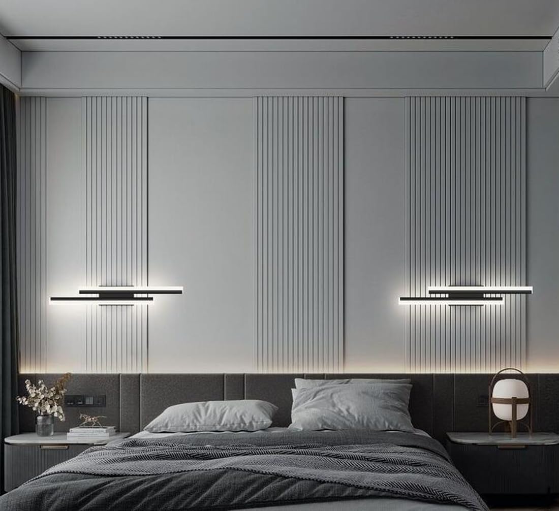 16W Wandleuchte Kreativ Korridor Lampe Schwarz Aluminium-Acryl-Schirm Wandlampe LED Dimmbar 3-Farben Schlafzimmer Nachttischlampe Modern Wandbeleuchtung für Flur Wohnzimmer Treppen Balkon Büro, 8*48cm