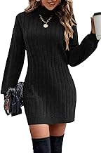 ELFIN Knitted Dress Women's Turtleneck Puff Sleeves Jumper Dress Winter Dress Elegant Long Sleeve Knitted Jumper Dress Mini Dress