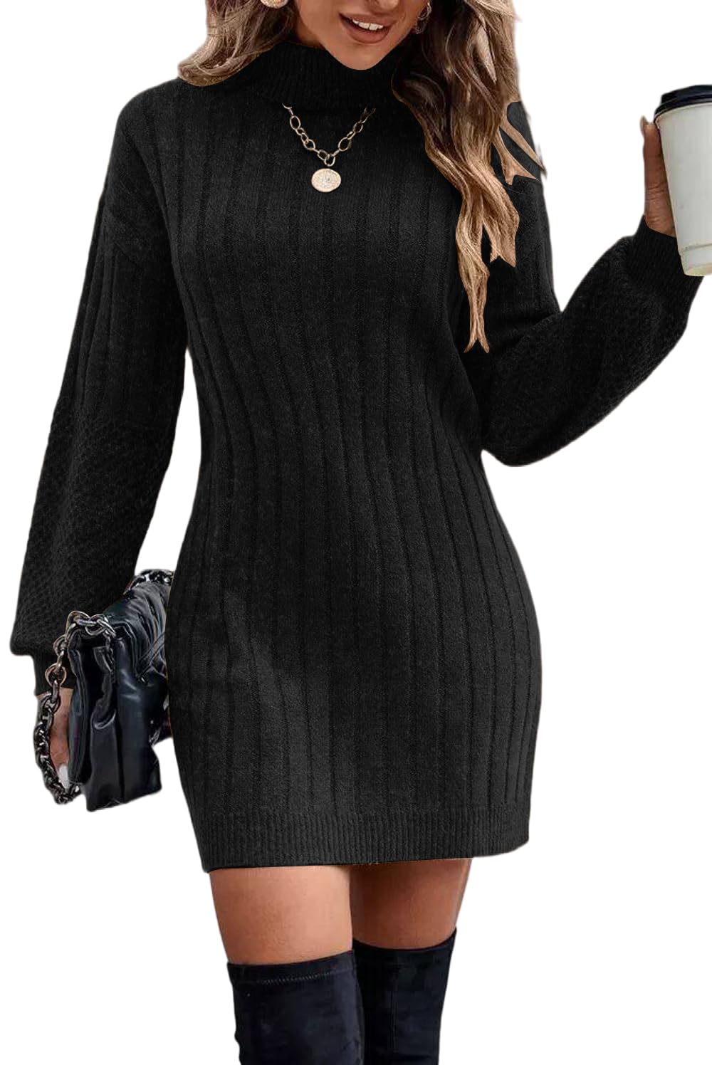 ELFIN Robe en Tricot Femme Col roulé Manches Bouffantes Robes d'hiver élégante Manches Longues Pull en Tricot Mini Robe