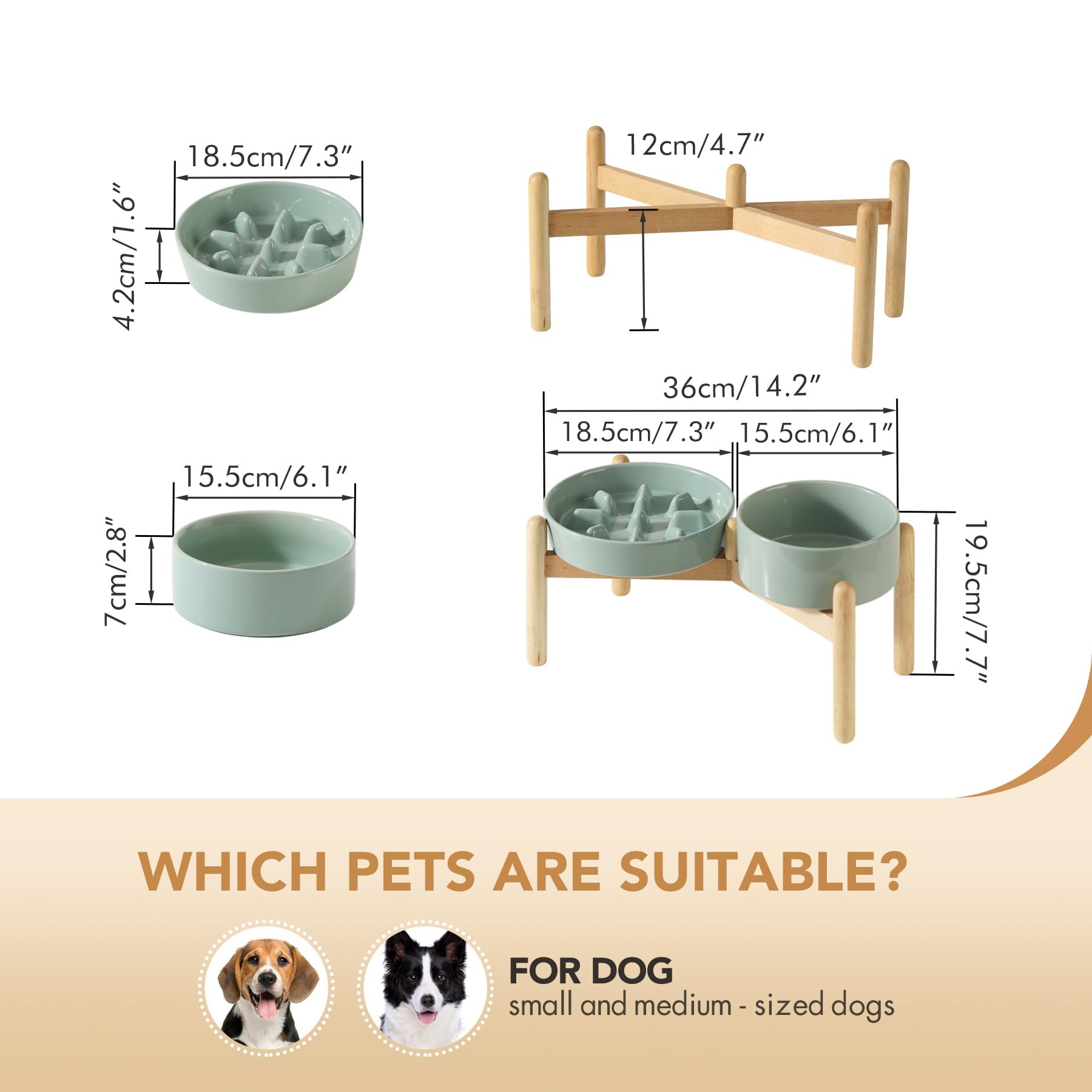 Havniva 18,5 cm erhöhter Slow Feeder Hundenäpfe Set, 1,2 Tassen Keramik Slow Feeder Hundenapf und 15,5 cm Hund Wassernapf mit erhöhtem Holzständer Puzzle Hundefutter Schüssel für kleine Hunde