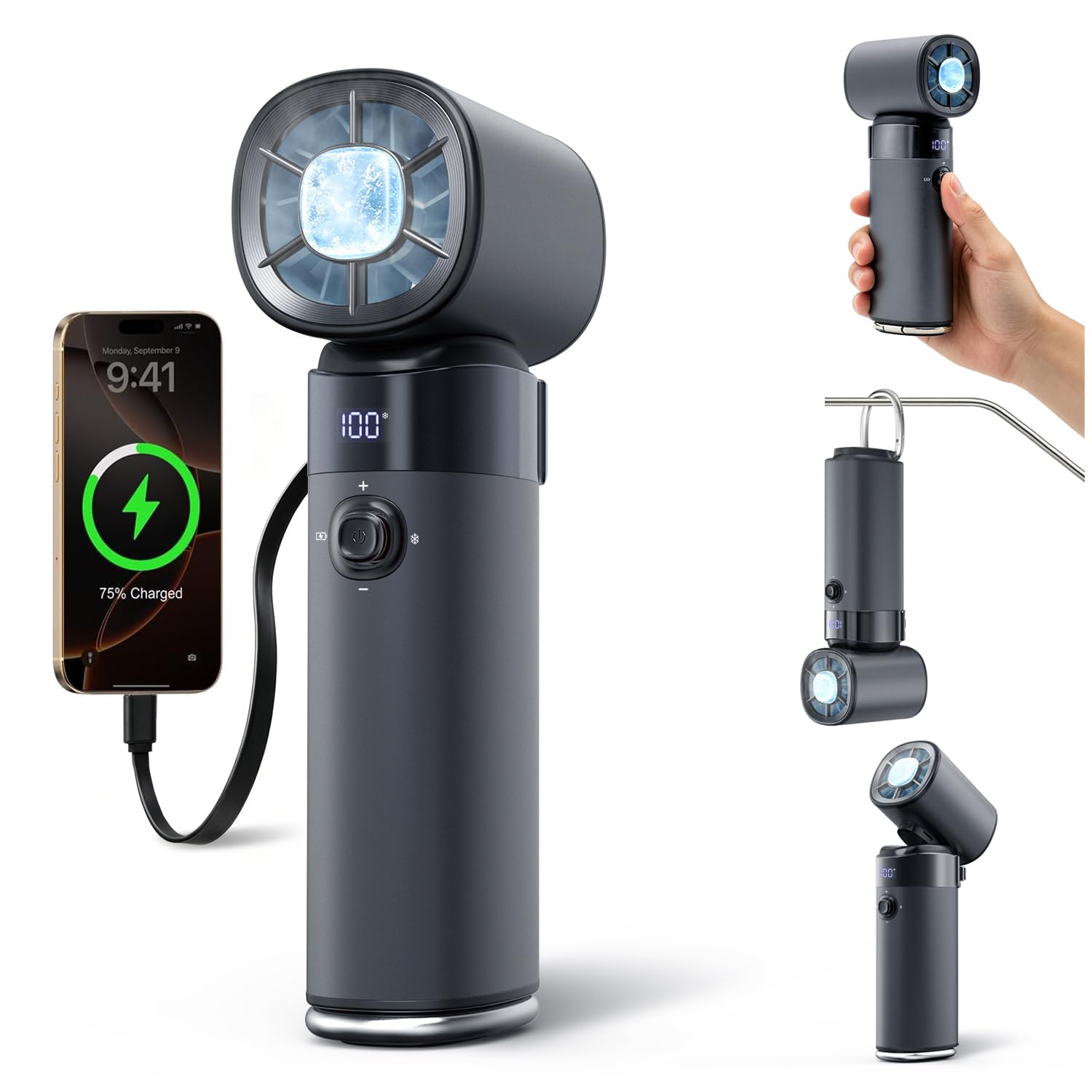 yAyusi Ventilateur Portable Rechargeable,10000mAh Multifonctionnel et Puissant avec Fonction de Refroidissement par Glace,Turbo Rechargeable Puissance Réglables (0 à 100) pour les Voyages/Bureau