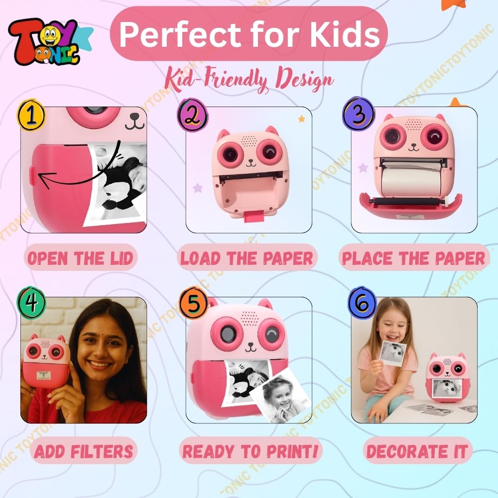 TOYTONIC Thermal Printing Toy for Boys – Fun Photo Printer with Instant B&W Prints, Dual Lens, USB Rechargeable, Filters & Games, Built-in Battery Module (Assorted) - Image 4 thumbnail
