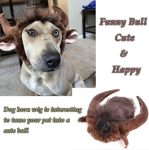Miniatura 4 de SESTP Bonita peluca de cuerno para perro, suave disfraz de toro de Halloween para mascotas, gorro de buey cálido, peluca para perros, gatos, cuernos