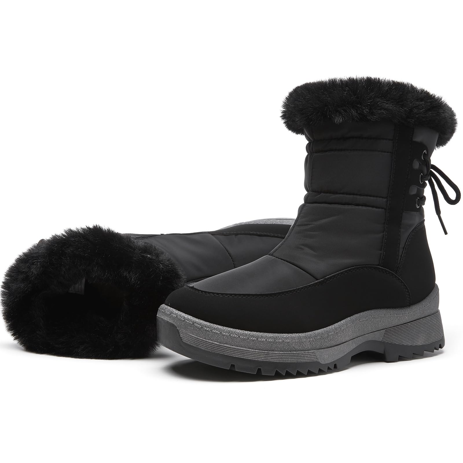 XRH Womens Black Waterproof Snow Boots Winter Mid Calf Fur Lined Boots for Women Non-Slip Fuzzy Platform Booties