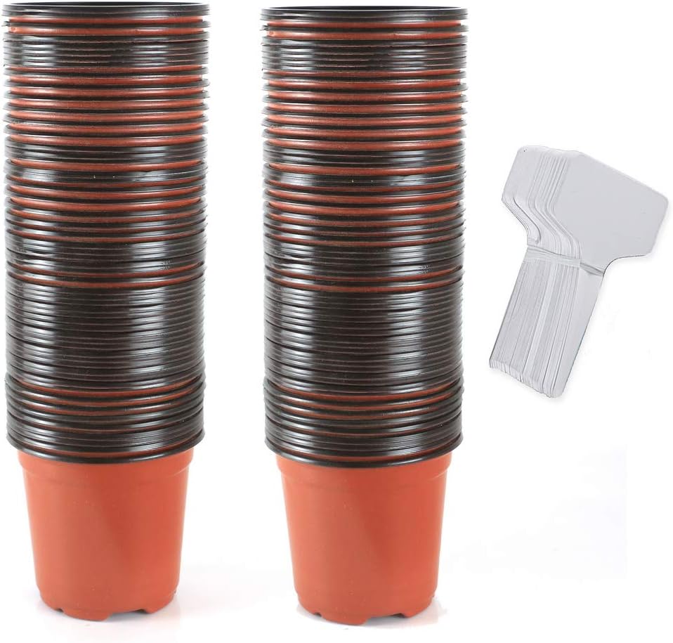 TRUEDAYS 100 Pcs 3.5 Inch Plastic Nursery Pots, Plant Flower Seed Starting Pots with 100 Pcs T-Type Plant Labels