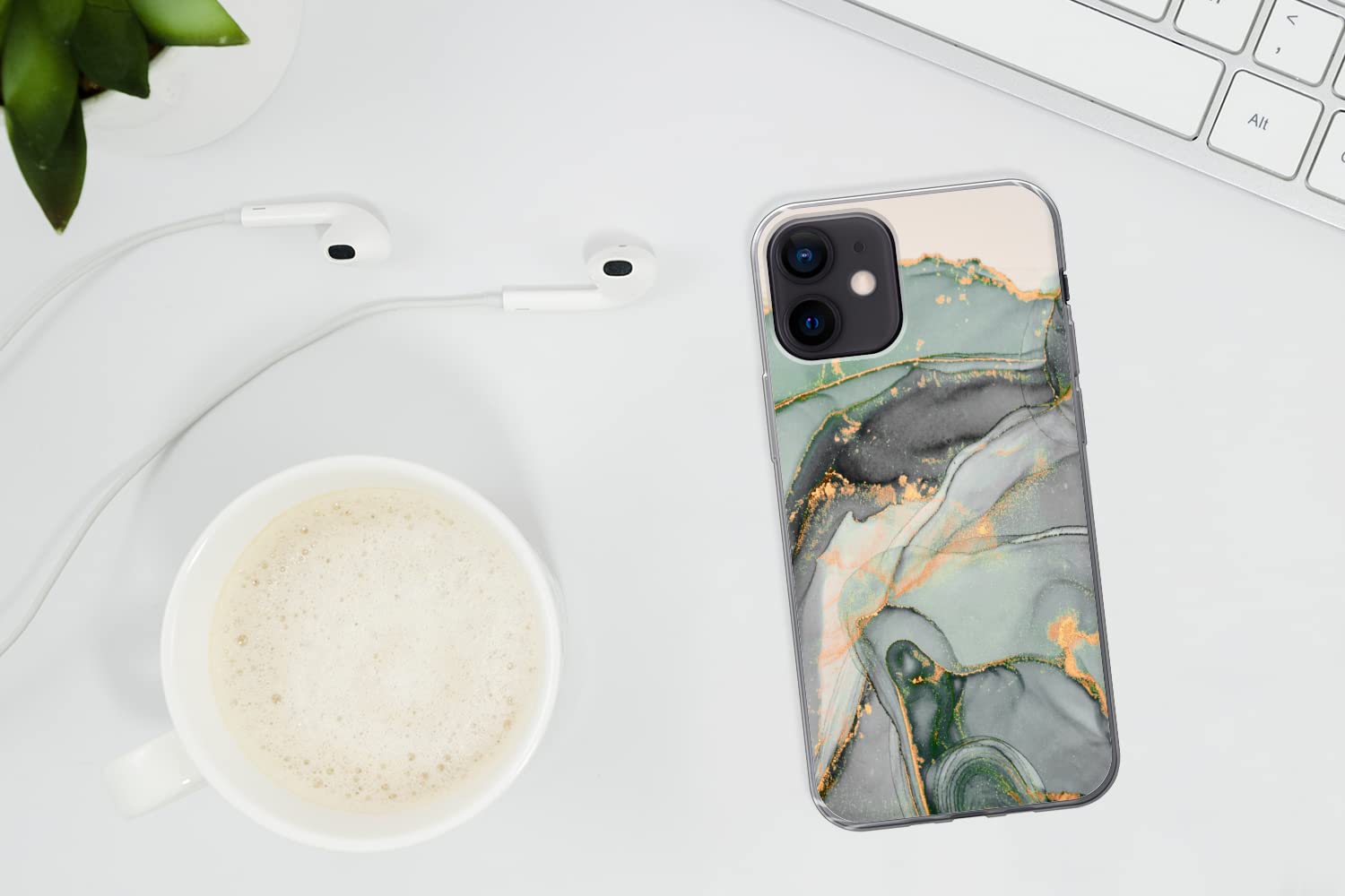 Funda para iPhone 12 - Oro - Mármol - Verde - Lujo - Purpurina - Aspecto de mármol - Funda de Silicona/Funda Blanda para teléfono móvil